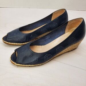 Salvatore Ferragamo Navy Blue Leather Peep Toe Wedge Espadrille Italian 7N